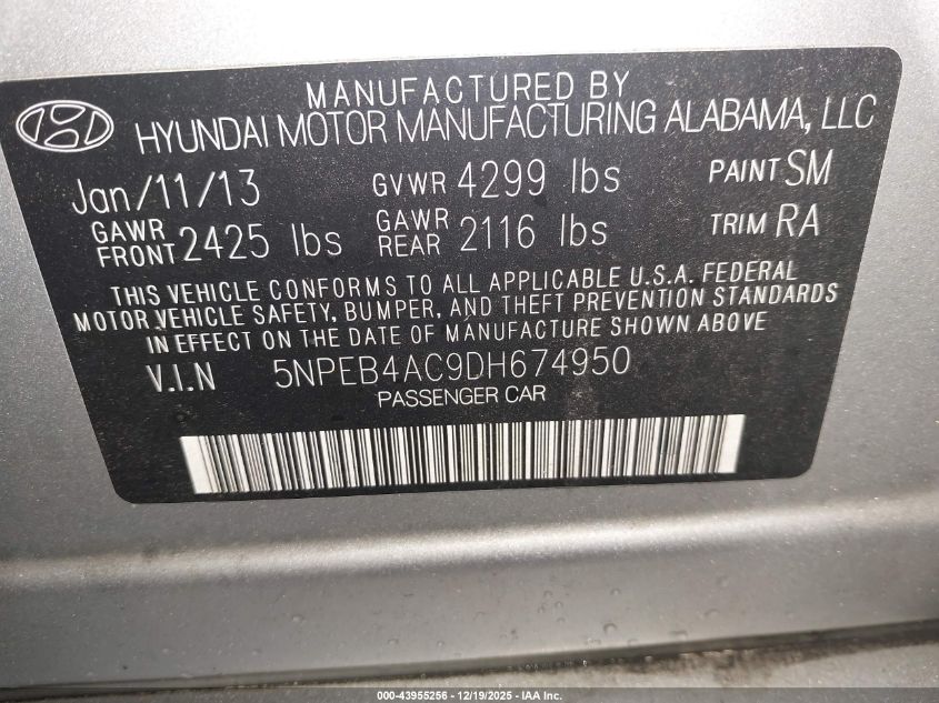 2013 Hyundai Sonata Gls VIN: 5NPEB4AC9DH674950 Lot: 43955256