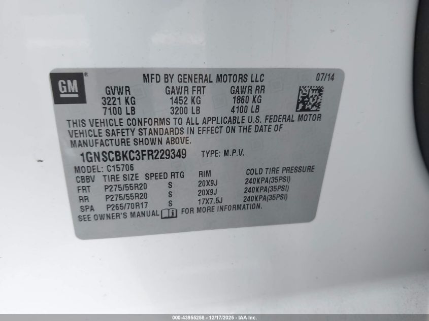 2015 Chevrolet Tahoe Lt VIN: 1GNSCBKC3FR229349 Lot: 43955258