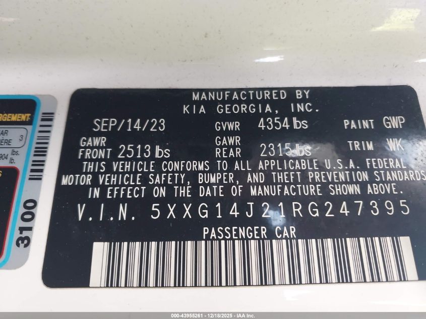 2024 Kia K5 Lxs VIN: 5XXG14J21RG247395 Lot: 43955261