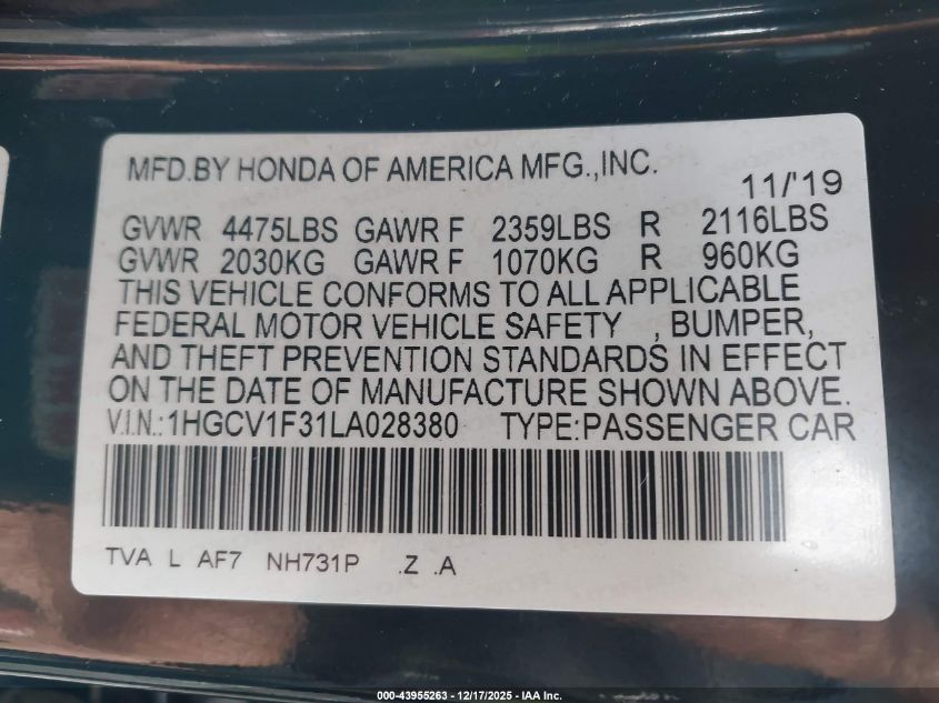 2020 Honda Accord Sport VIN: 1HGCV1F31LA028380 Lot: 43955263