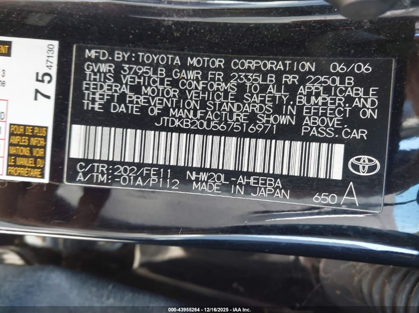 2006 Toyota Prius VIN: JTDKB20U567516971 Lot: 43955264