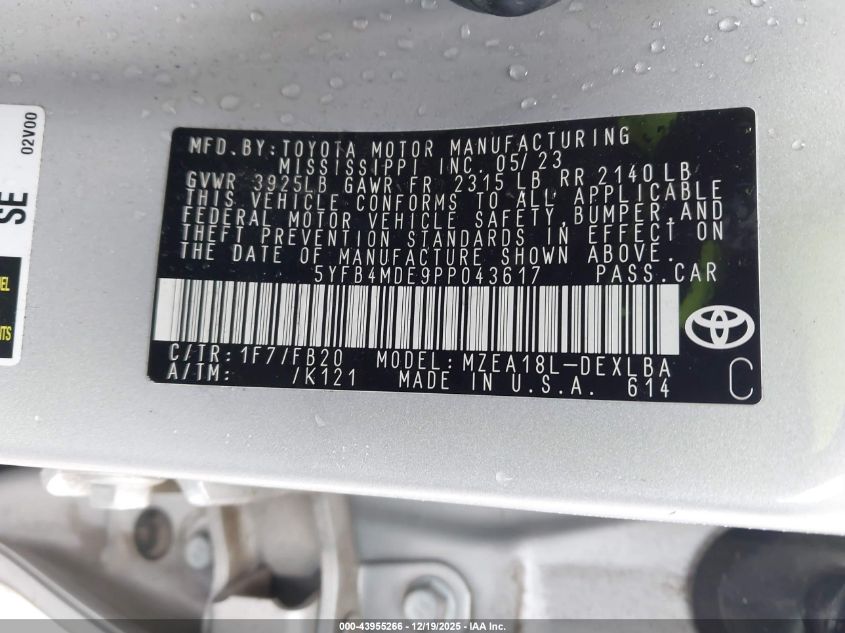 2023 Toyota Corolla Le VIN: 5YFB4MDE9PP043617 Lot: 43955266