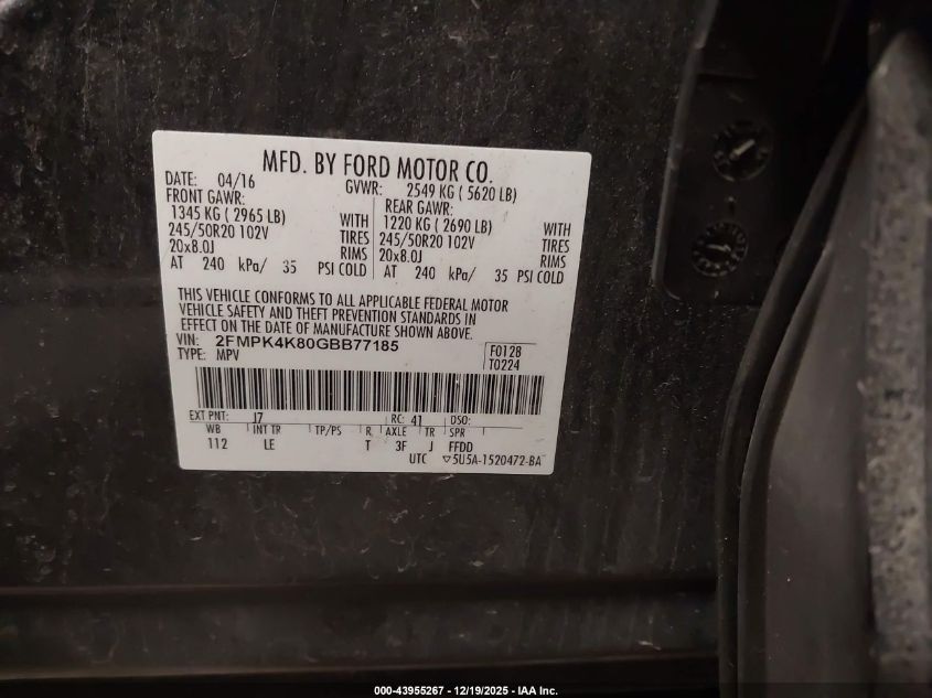 2016 Ford Edge Titanium VIN: 2FMPK4K80GBB77185 Lot: 43955267