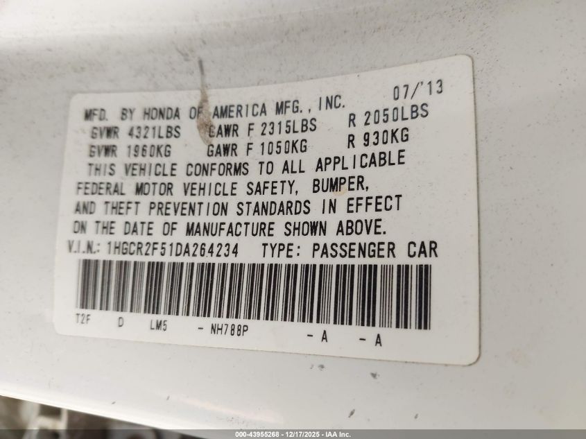 2013 Honda Accord Sport VIN: 1HGCR2F51DA264234 Lot: 43955268