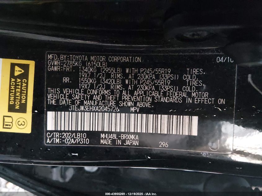 2010 Toyota Highlander Hybrid Limited V6 VIN: JTEJW3EHXA2045726 Lot: 43955269