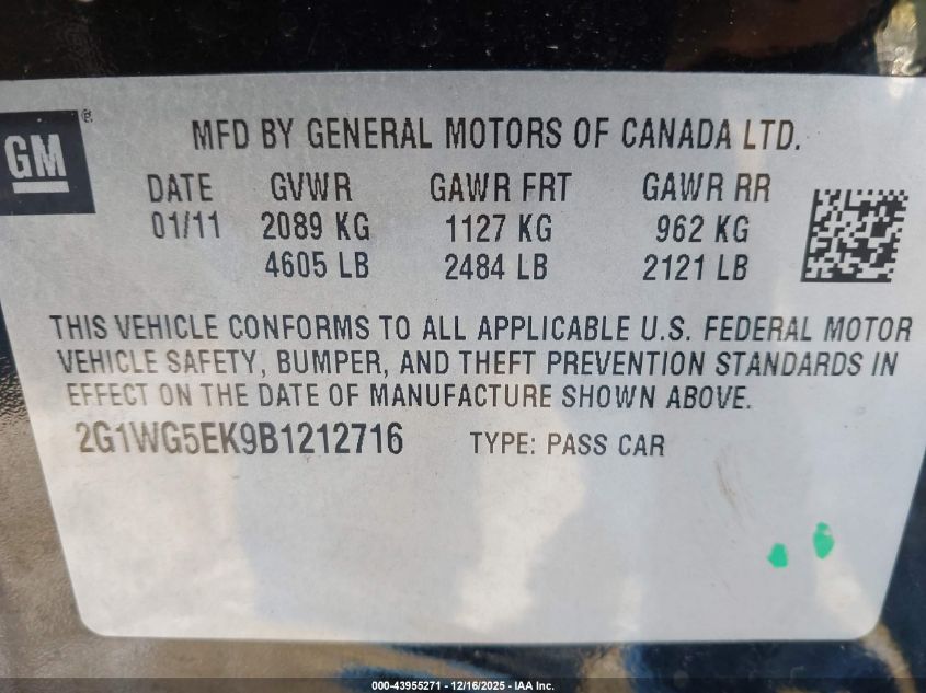 2011 Chevrolet Impala Lt VIN: 2G1WG5EK9B1212716 Lot: 43955271