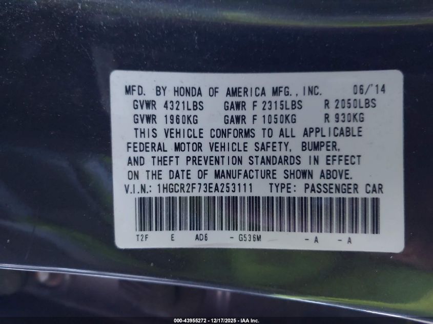 2014 Honda Accord Ex VIN: 1HGCR2F73EA253111 Lot: 43955272