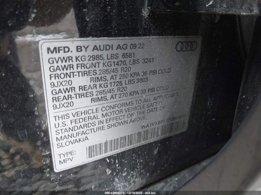 2023 Audi Q7 Prestige 55 Tfsi Quattro Tiptronic VIN: WA1VXBF71PD003083 Lot: 43955273