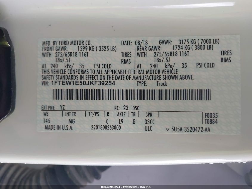 2018 Ford F-150 Xlt VIN: 1FTEW1E50JKF39254 Lot: 43955274