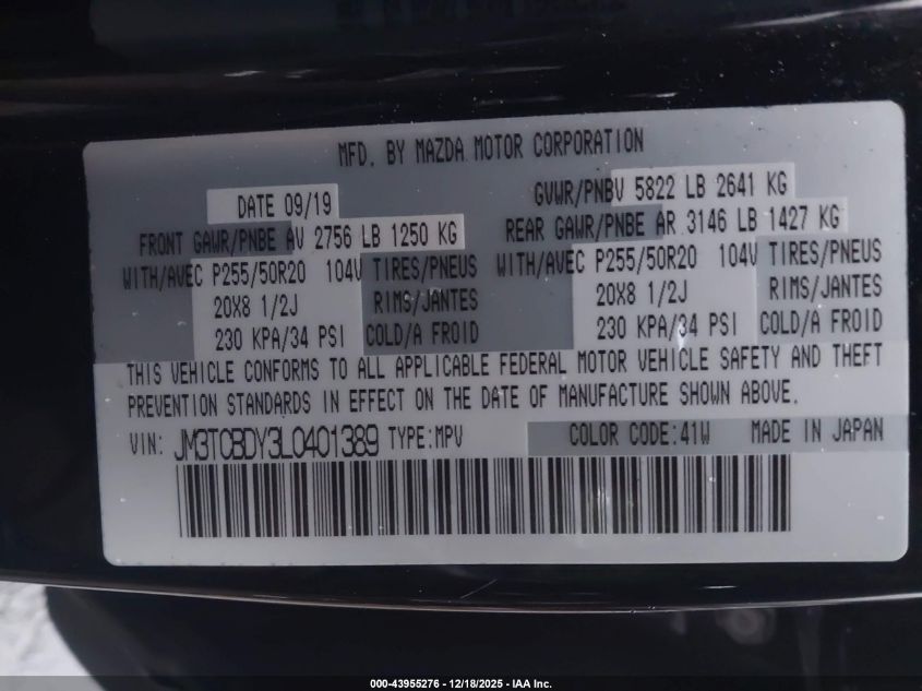 2020 Mazda Cx-9 Grand Touring VIN: JM3TCBDY3L0401389 Lot: 43955276