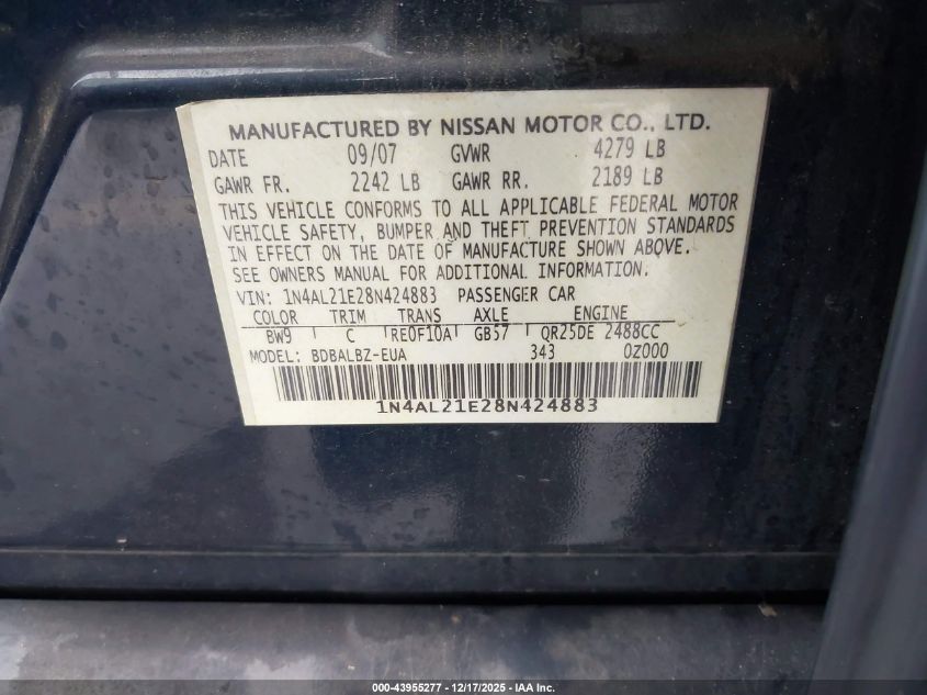 2008 Nissan Altima 2.5 S VIN: 1N4AL21E28N424883 Lot: 43955277
