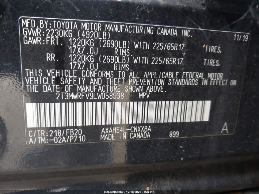 2020 Toyota Rav4 Hybrid Le VIN: 2T3MWRFV9LW058938 Lot: 43955280