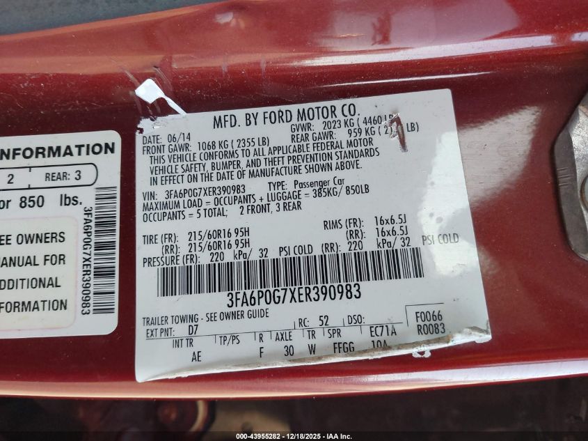 2014 Ford Fusion S VIN: 3FA6P0G7XER390983 Lot: 43955282