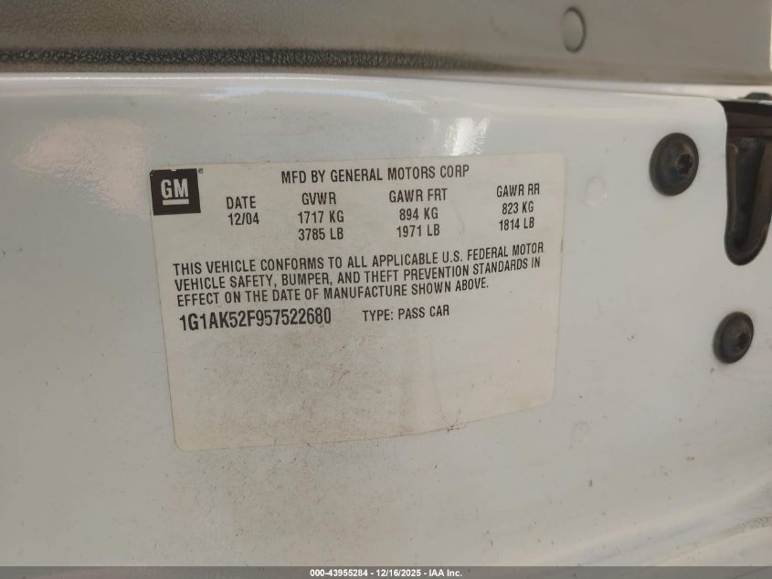 2005 Chevrolet Cobalt VIN: 1G1AK52F957522680 Lot: 43955284