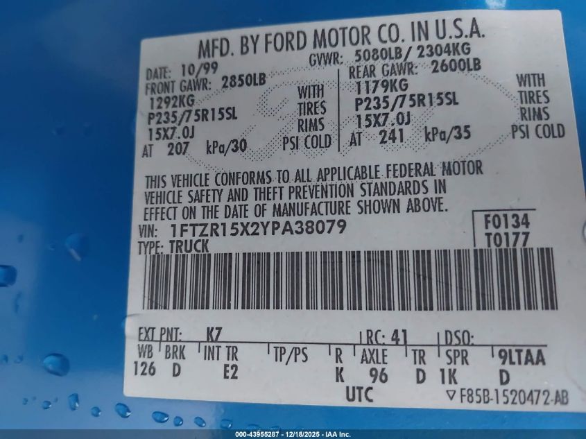 2000 Ford Ranger Xlt VIN: 1FTZR15X2YPA38079 Lot: 43955287