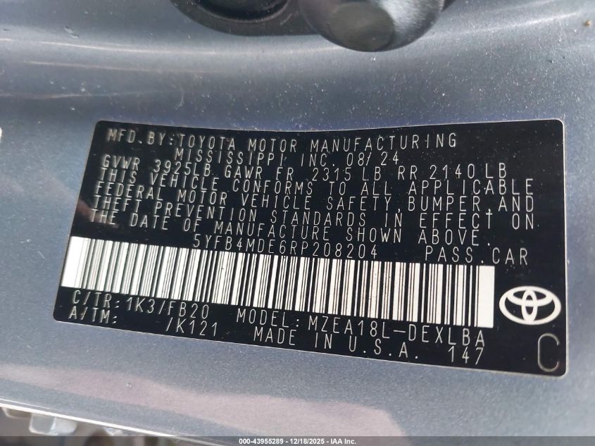 2024 Toyota Corolla Le VIN: 5YFB4MDE6RP208204 Lot: 43955289