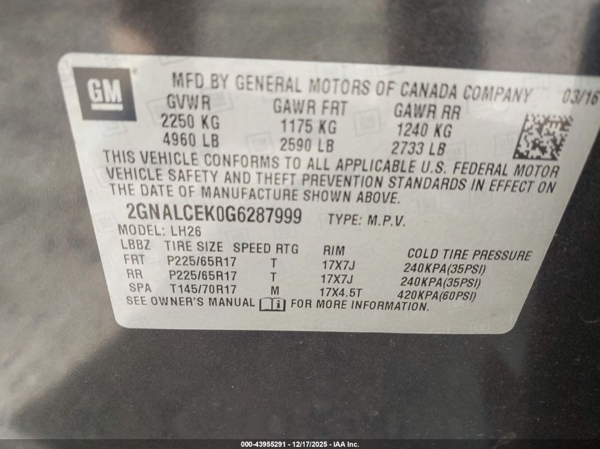 2016 Chevrolet Equinox Lt VIN: 2GNALCEK0G6287999 Lot: 43955291