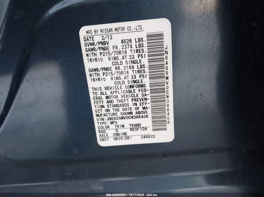 2012 Nissan Rogue S VIN: JN8AS5MV0CW396406 Lot: 43955294