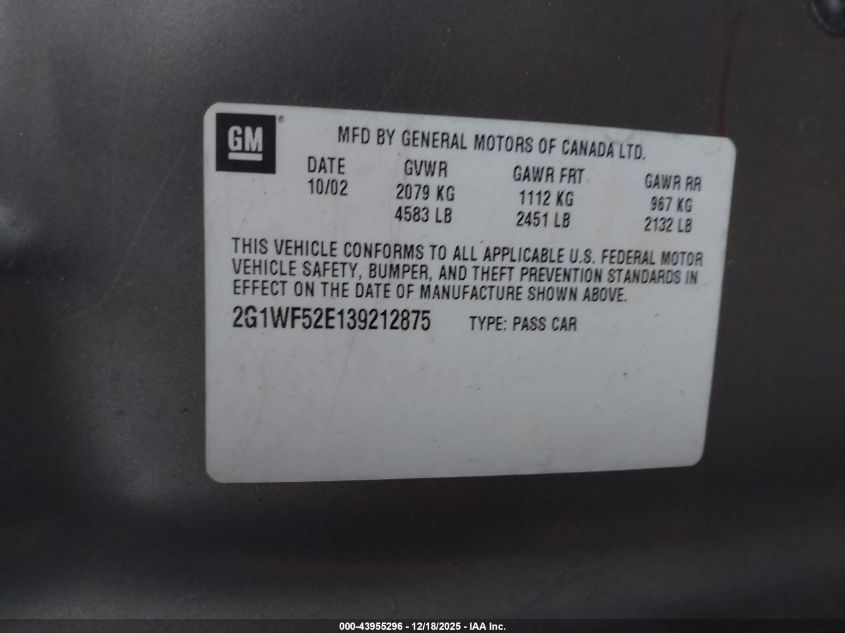 2003 Chevrolet Impala VIN: 2G1WF52E139212875 Lot: 43955296