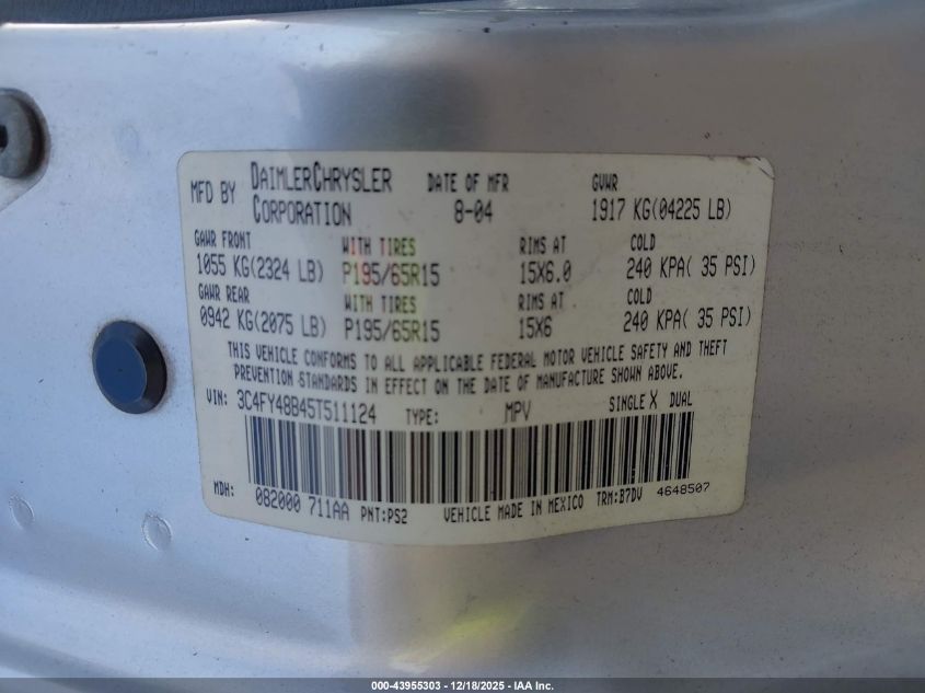 2005 Chrysler Pt Cruiser VIN: 3C4FY48B45T511124 Lot: 43955303