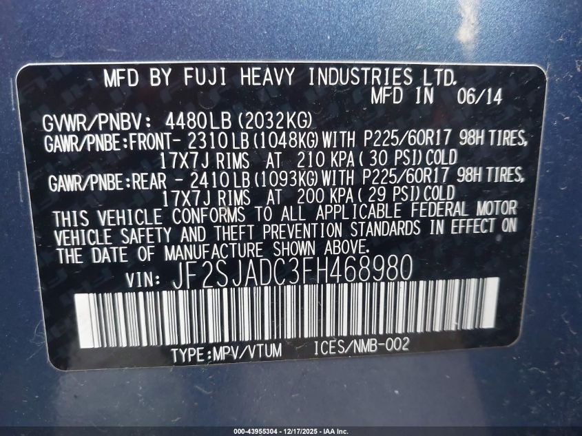 2015 Subaru Forester 2.5I Premium VIN: JF2SJADC3FH468980 Lot: 43955304