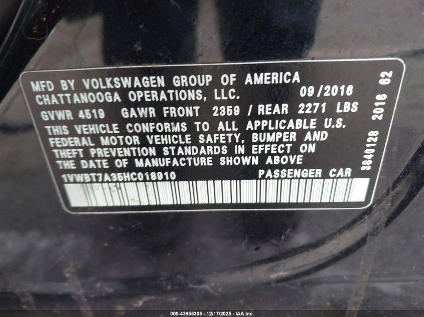 2017 Volkswagen Passat 1.8T Se VIN: 1VWBT7A35HC018910 Lot: 43955305