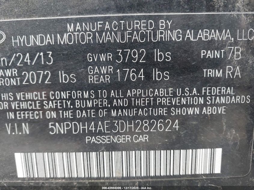 2013 Hyundai Elantra Gls VIN: 5NPDH4AE3DH282624 Lot: 43955306