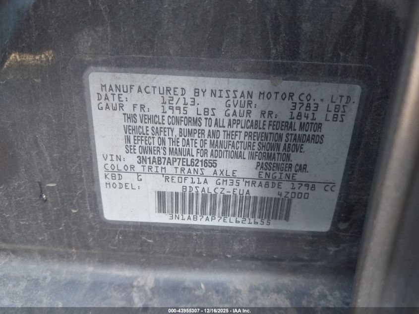 2014 Nissan Sentra S VIN: 3N1AB7AP7EL621655 Lot: 43955307