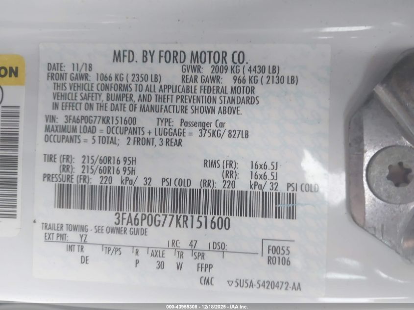 2019 Ford Fusion S VIN: 3FA6P0G77KR151600 Lot: 43955308