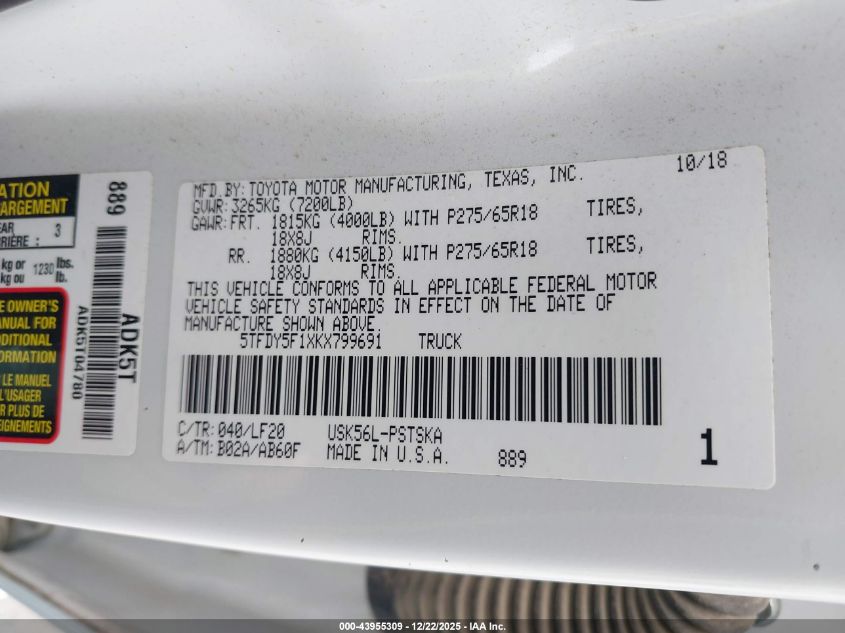 2019 Toyota Tundra Trd Pro 5.7L V8 VIN: 5TFDY5F1XKX799691 Lot: 43955309