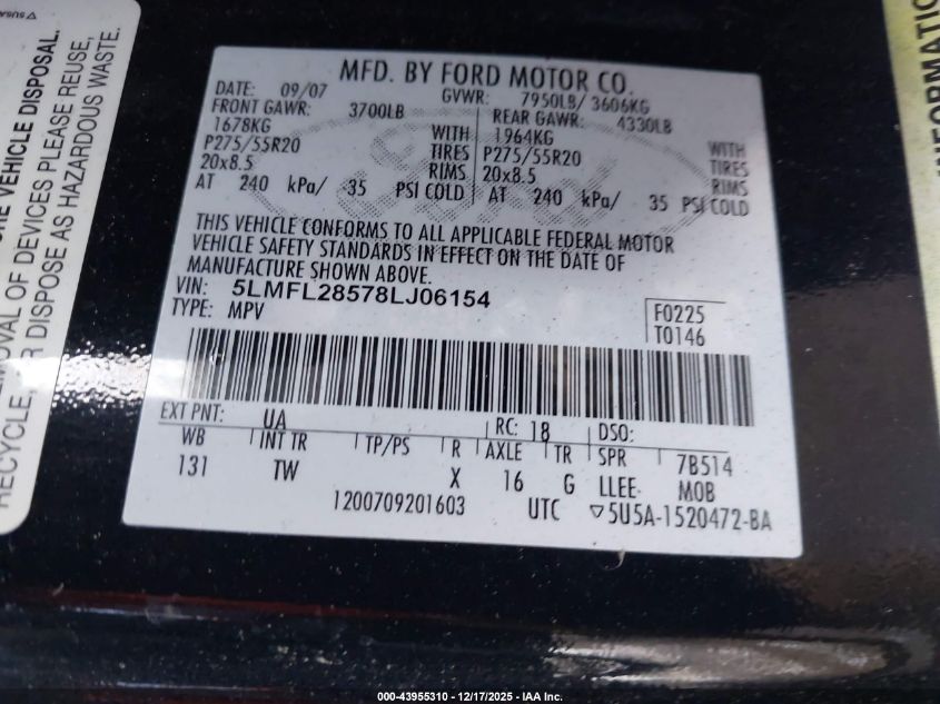 2008 Lincoln Navigator L VIN: 5LMFL28578LJ06154 Lot: 43955310