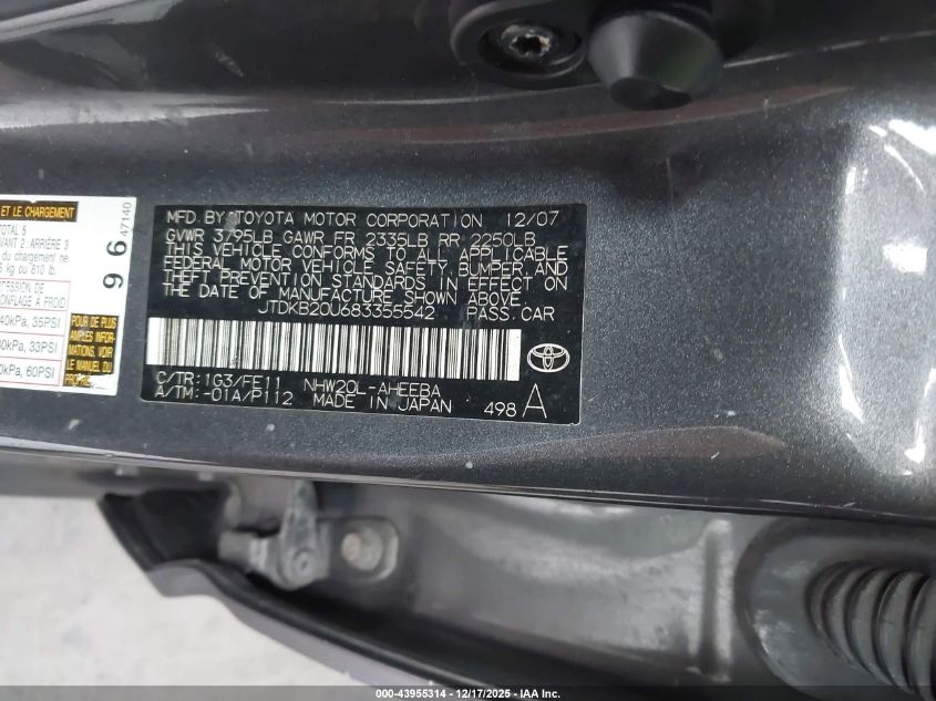 2008 Toyota Prius Touring VIN: JTDKB20U683355542 Lot: 43955314