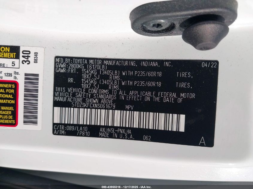 2022 Toyota Sienna Limited VIN: 5TDZSKFCXNS061679 Lot: 43955316