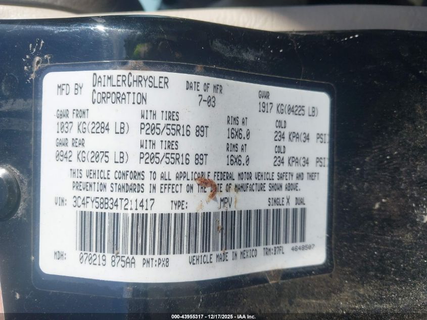 2004 Chrysler Pt Cruiser Touring VIN: 3C4FY58B34T211417 Lot: 43955317