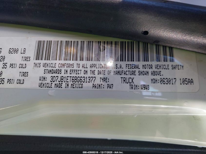 2011 Ram Ram 1500 St VIN: 3D7JB1ET6BG631377 Lot: 43955318