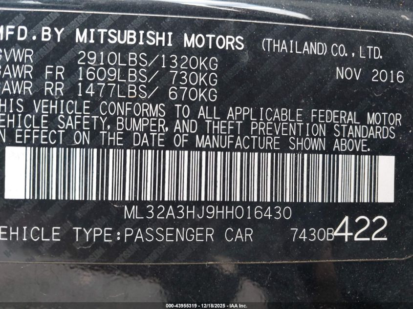 2017 Mitsubishi Mirage Es VIN: ML32A3HJ9HH016430 Lot: 43955319