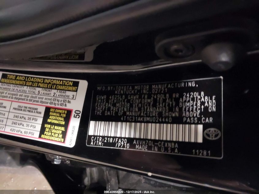 2021 Toyota Camry Le Hybrid VIN: 4T1C31AK8MU024440 Lot: 43955320