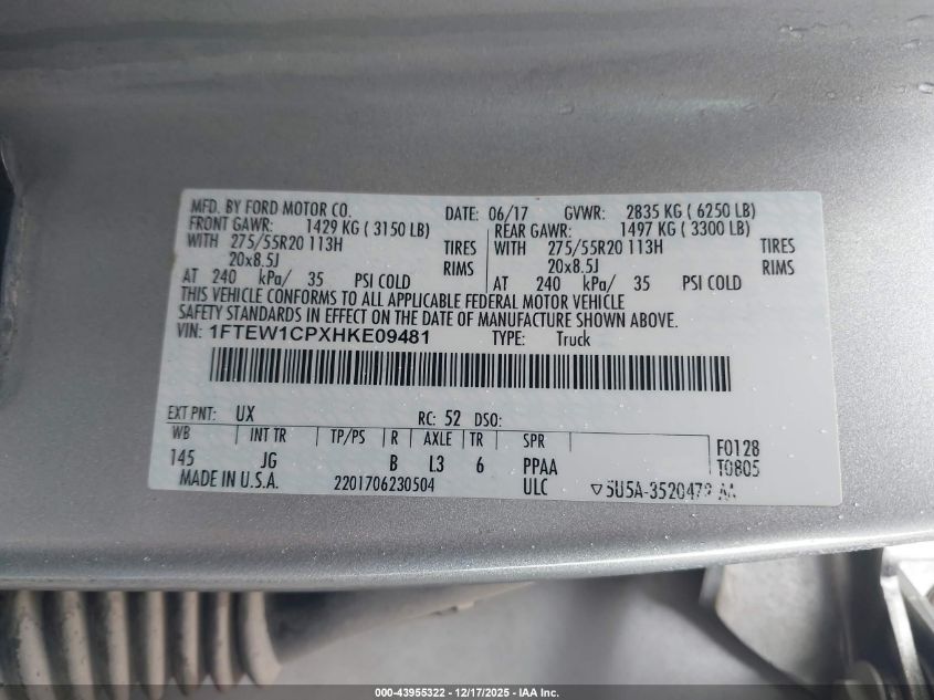 2017 Ford F-150 Xl VIN: 1FTEW1CPXHKE09481 Lot: 43955322