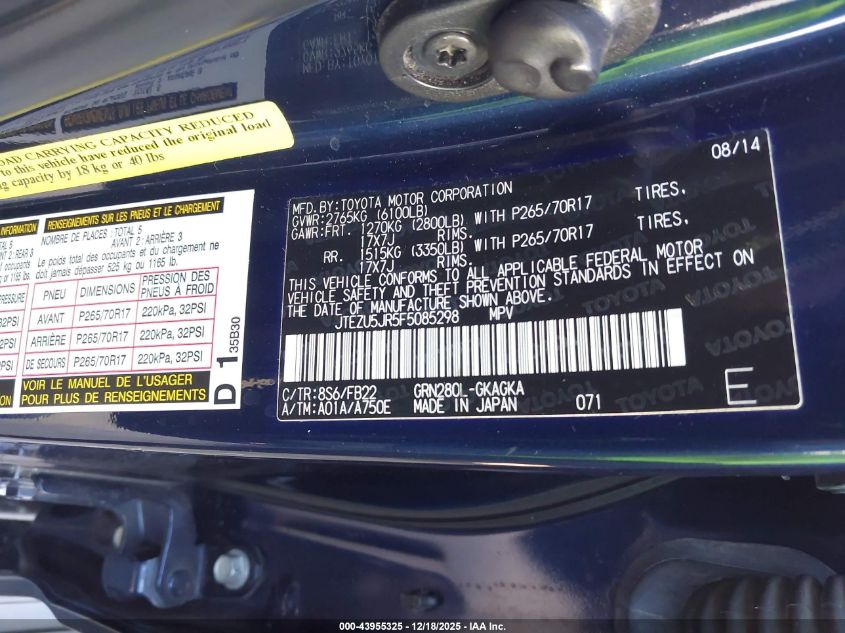 2015 Toyota 4Runner Sr5 VIN: JTEZU5JR5F5085298 Lot: 43955325