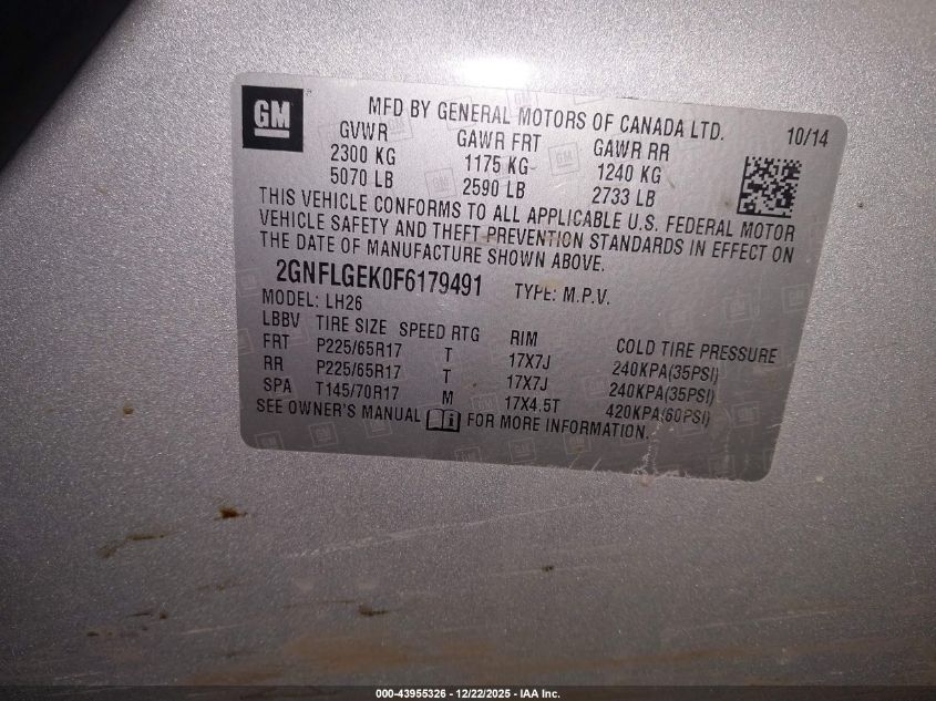 2015 Chevrolet Equinox 2Lt VIN: 2GNFLGEK0F6179491 Lot: 43955326