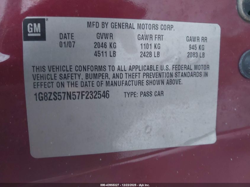 2007 Saturn Aura Xe VIN: 1G8ZS57N57F232546 Lot: 43955327