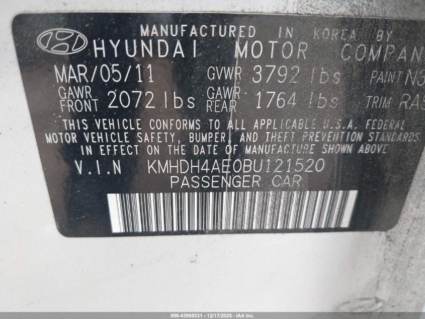 2011 Hyundai Elantra Gls (Ulsan Plant) VIN: KMHDH4AE0BU121520 Lot: 43955331
