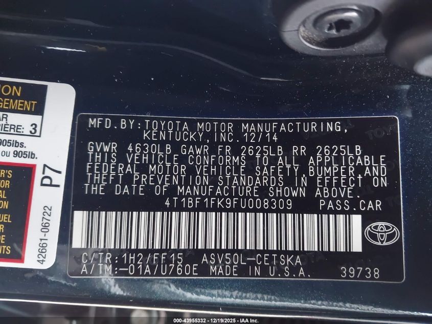 2015 Toyota Camry Se VIN: 4T1BF1FK9FU008309 Lot: 43955332