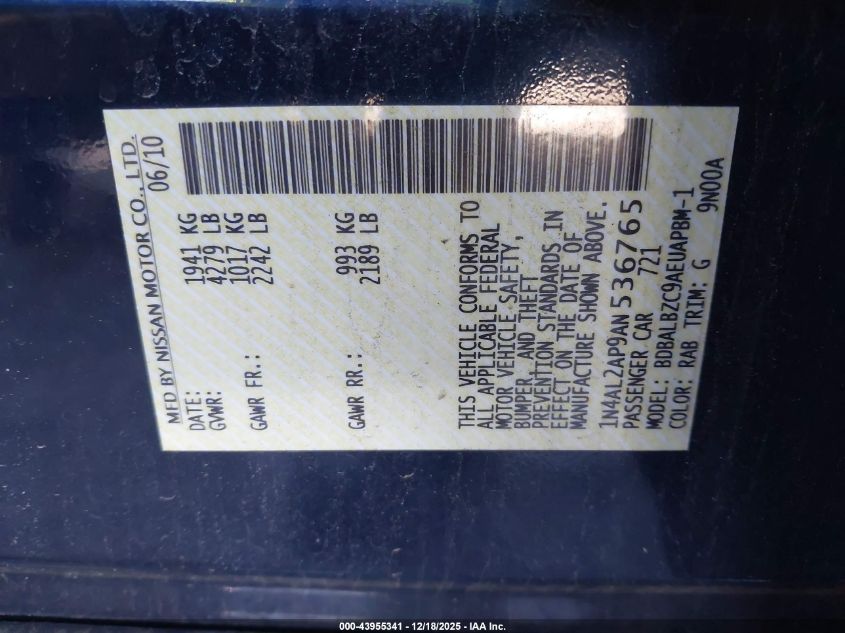 2010 Nissan Altima 2.5 S VIN: 1N4AL2AP9AN536765 Lot: 43955341