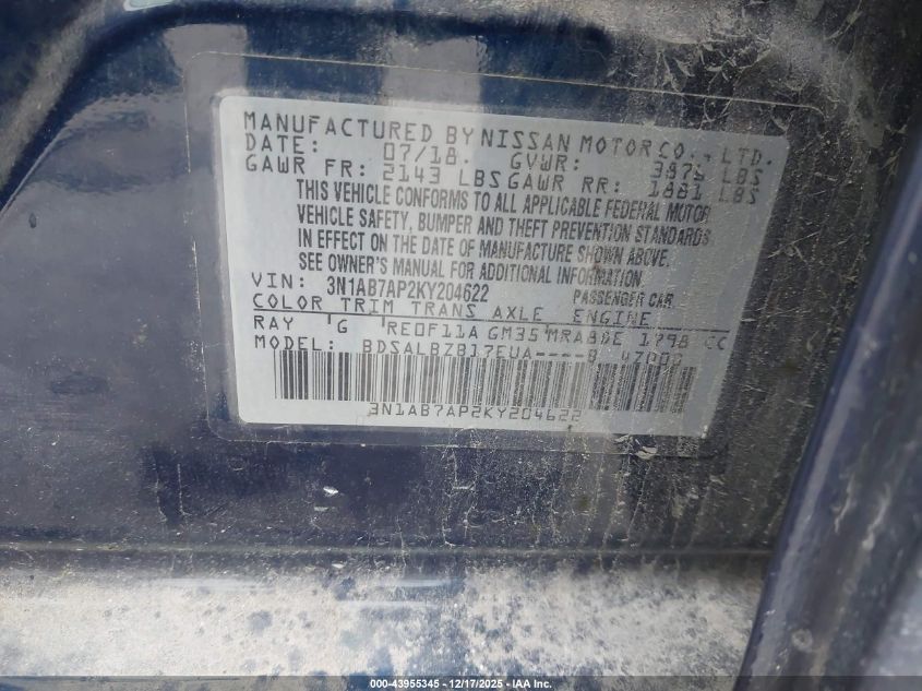 2019 Nissan Sentra S VIN: 3N1AB7AP2KY204622 Lot: 43955345