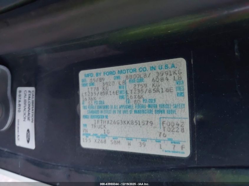 1989 Ford F250 VIN: 1FTHX26G3KKB51579 Lot: 43955344