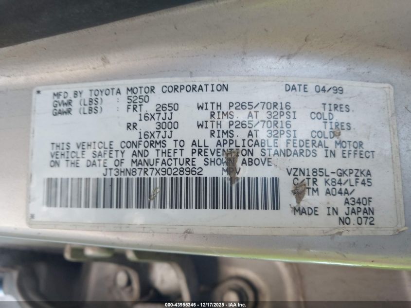 1999 Toyota 4Runner Limited V6 VIN: JT3HN87R7X9028962 Lot: 43955346