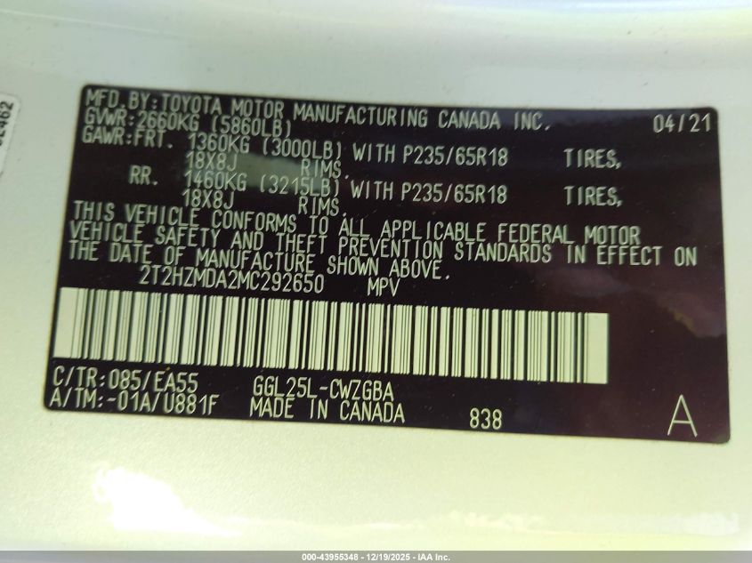 2021 Lexus Rx 350 VIN: 2T2HZMDA2MC292650 Lot: 43955348