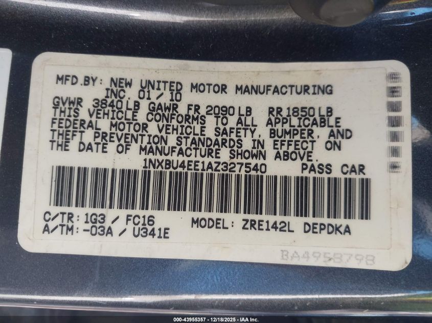 2010 Toyota Corolla Le VIN: 1NXBU4EE1AZ327540 Lot: 43955357