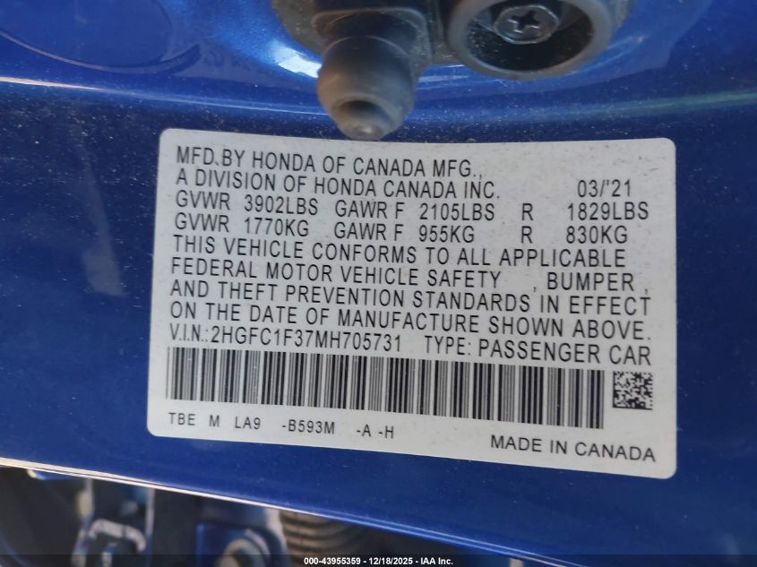 2021 Honda Civic Ex VIN: 2HGFC1F37MH705731 Lot: 43955359